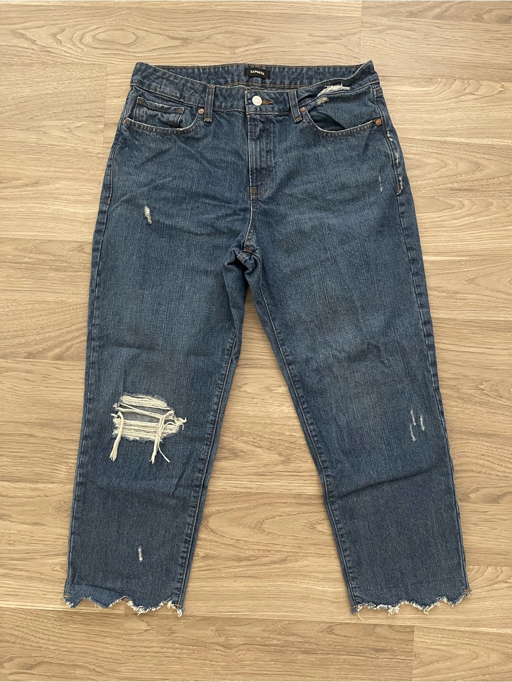 Express Women's Mid-Rise Boyfriend Jeans - Distressed 100% Cotton Size 10 Petite